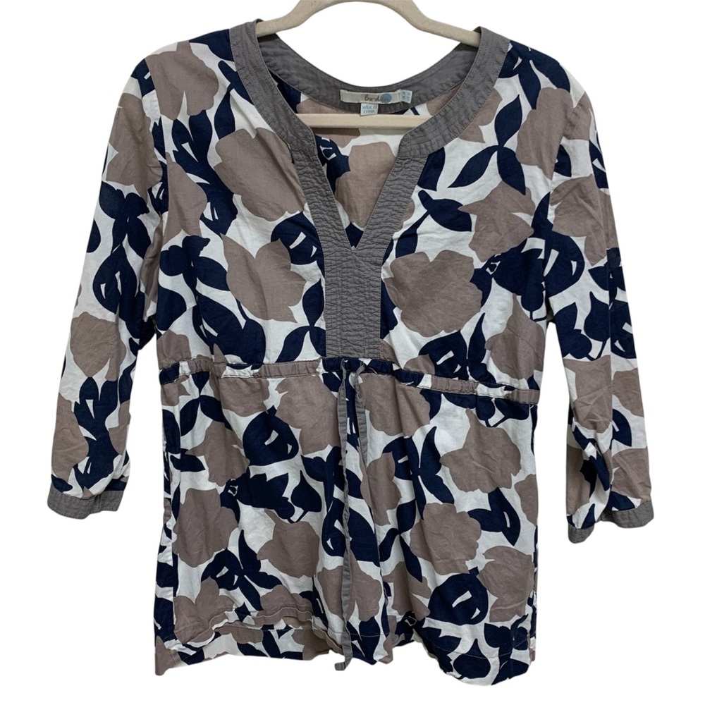 Boden Womens Sz 10 Babydoll Peasant Floral Blouse Top Cotton 3/4 Sleeve Boho Tie